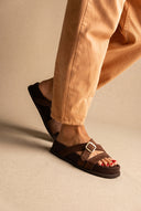 Flatform Buckle Sandals - Brown Suede