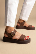 Flatform Sandals Ankle Strap - Brown Suede