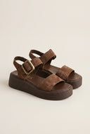 Flatform Sandals Ankle Strap - Brown Suede