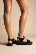 Flatform Sandals Ankle Strap - Black Suede