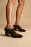 Studded Clogs Block Heel - Brown Suede