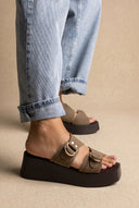 Platform Sandals Metal Detail - Olive Suede