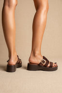 Platform Sandals Buckle Strap - Brown Suede
