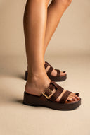 Platform Sandals Buckle Strap - Brown Suede