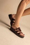 Platform Sandals Buckle Strap - Brown Suede