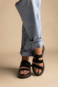 Black suede platform sandals with three wide straps and buckle on a brown sole, front view worn with jeans
