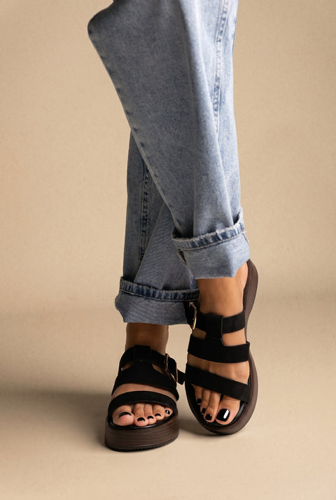 Platform Sandals Buckle Strap - Black Suede