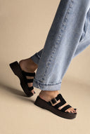 Platform Sandals Buckle Strap - Black Suede