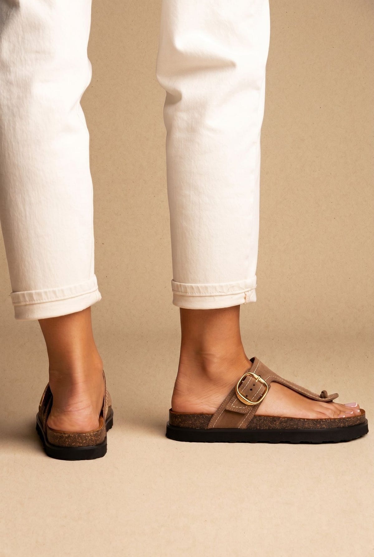 T Strap Sandals Buckle Detail - Taupe Suede