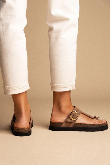 T Strap Sandals Buckle Detail - Taupe Suede