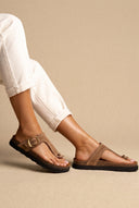 T Strap Sandals Buckle Detail - Taupe Suede