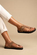 T Strap Sandals Buckle Detail - Taupe Suede