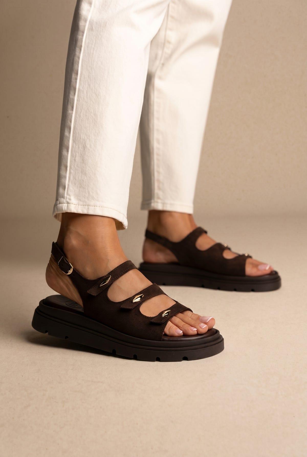 Buckle Strap Sandals - Dark Brown Suede