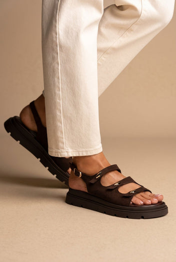 Buckle Strap Sandals - Dark Brown Suede-Buckle Strap Sandals - Dark Brown Suede