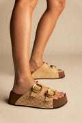 Flatform Sandals Buckle Detail - Beige Raffia