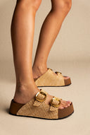 Flatform-Sandalen Schnallendetail – Beige Raffia
