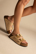 Flatform-Sandalen Schnallendetail – Beige Raffia