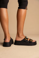 Flatform Sandals Buckle Detail - Black Raffia