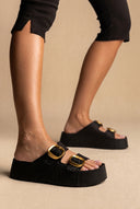 Flatform Sandals Buckle Detail - Black Raffia