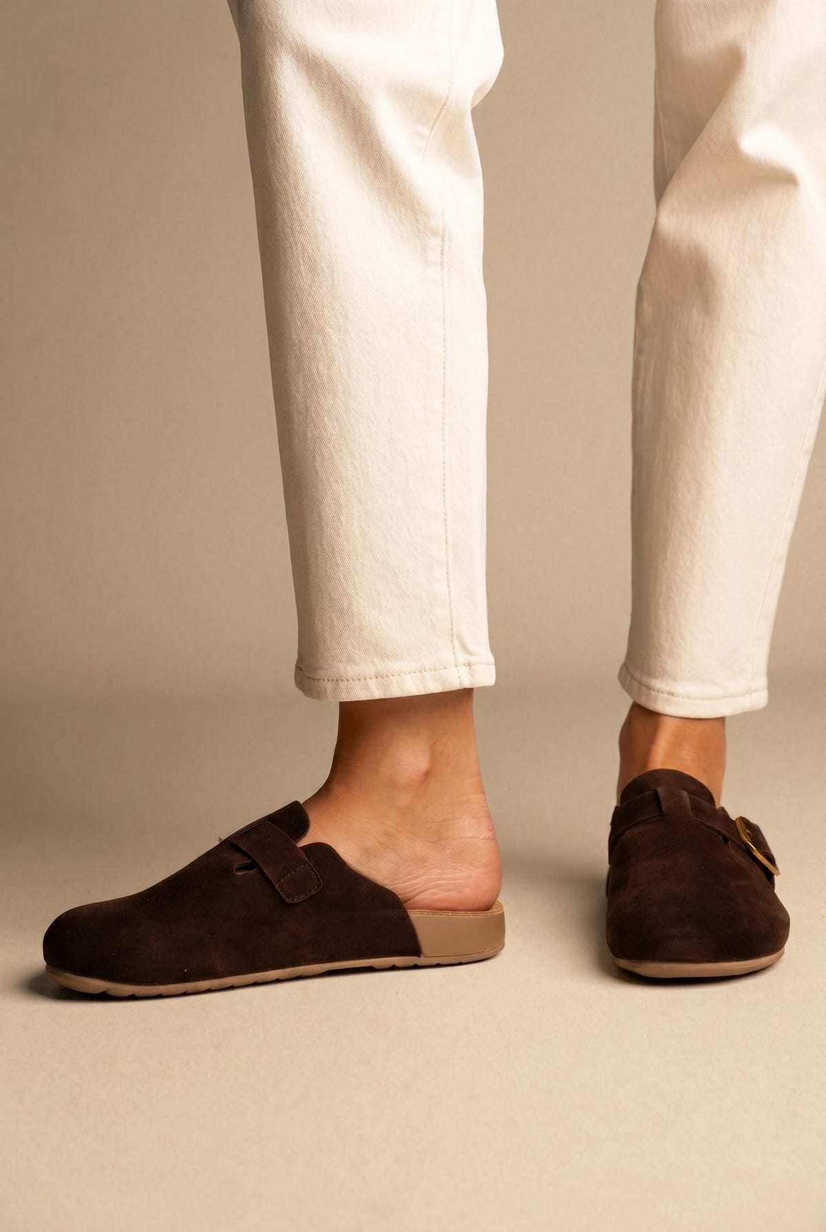 Clogs Buckle Detail - Brown Suede-Clogs Buckle Detail - Brown Suede