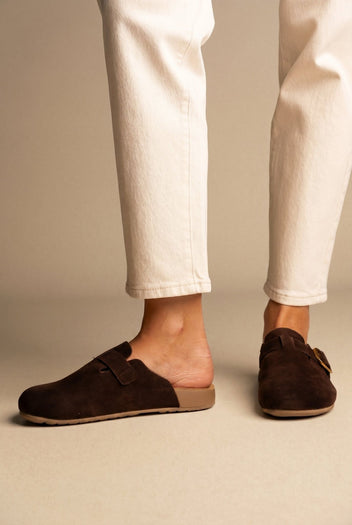 Clogs Buckle Detail - Brown Suede-Clogs Buckle Detail - Brown Suede