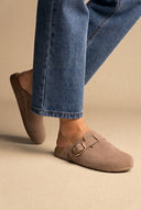 Clogs Buckle Detail - Taupe Suede