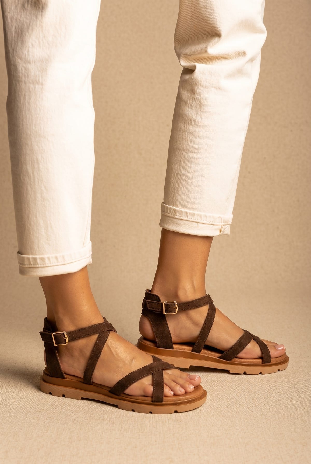 Toe Ring Sandals Ankle Strap - Brown Suede