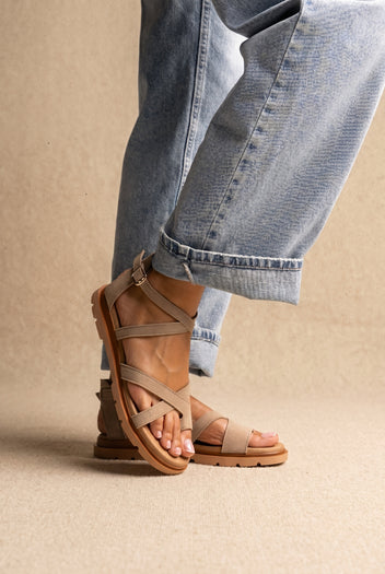 Toe Ring Sandalen Ankle Strap – Beige Veloursleder