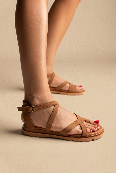 Toe Ring Sandalen Ankle Strap – Tan Veloursleder