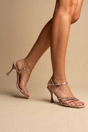 Heeled Sandals Rhinestone Straps - Sand Satin-Heeled Sandals Rhinestone Straps - Sand Satin