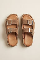 Buckle Sandals - Taupe Suede