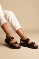 Flatform Sandals Buckle Detail - Brown Suede