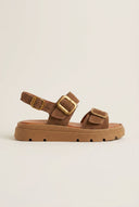 Flatform Sandals Buckle Detail - Taupe Suede