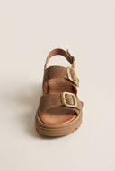 Flatform Sandals Buckle Detail - Taupe Suede