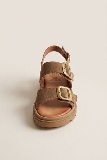 Flatform Sandals Buckle Detail - Taupe Suede