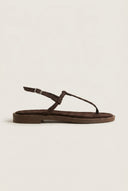 T Strap Sandals Buckle Closure - Brown Suede