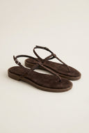 T Strap Sandals Buckle Closure - Brown Suede