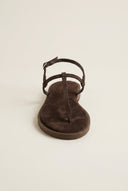 T Strap Sandals Buckle Closure - Brown Suede