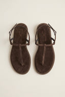 T Strap Sandals Buckle Closure - Brown Suede