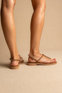T Strap Sandals Buckle Closure - Beige Suede