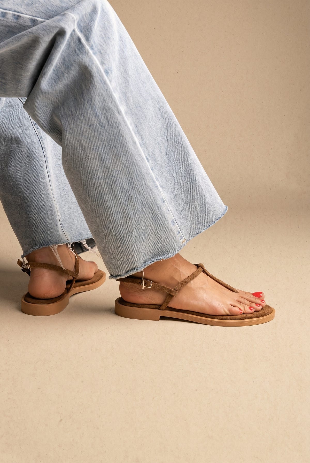 T Strap Sandals Buckle Closure - Khaki Green Suede