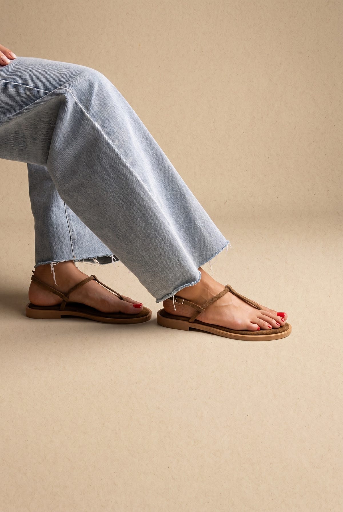 T Strap Sandals Buckle Closure - Khaki Green Suede