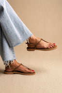 T Strap Sandals Buckle Closure - Khaki Green Suede