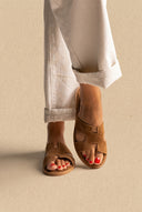 Sandals Cutout Strap Design - Beige Suede