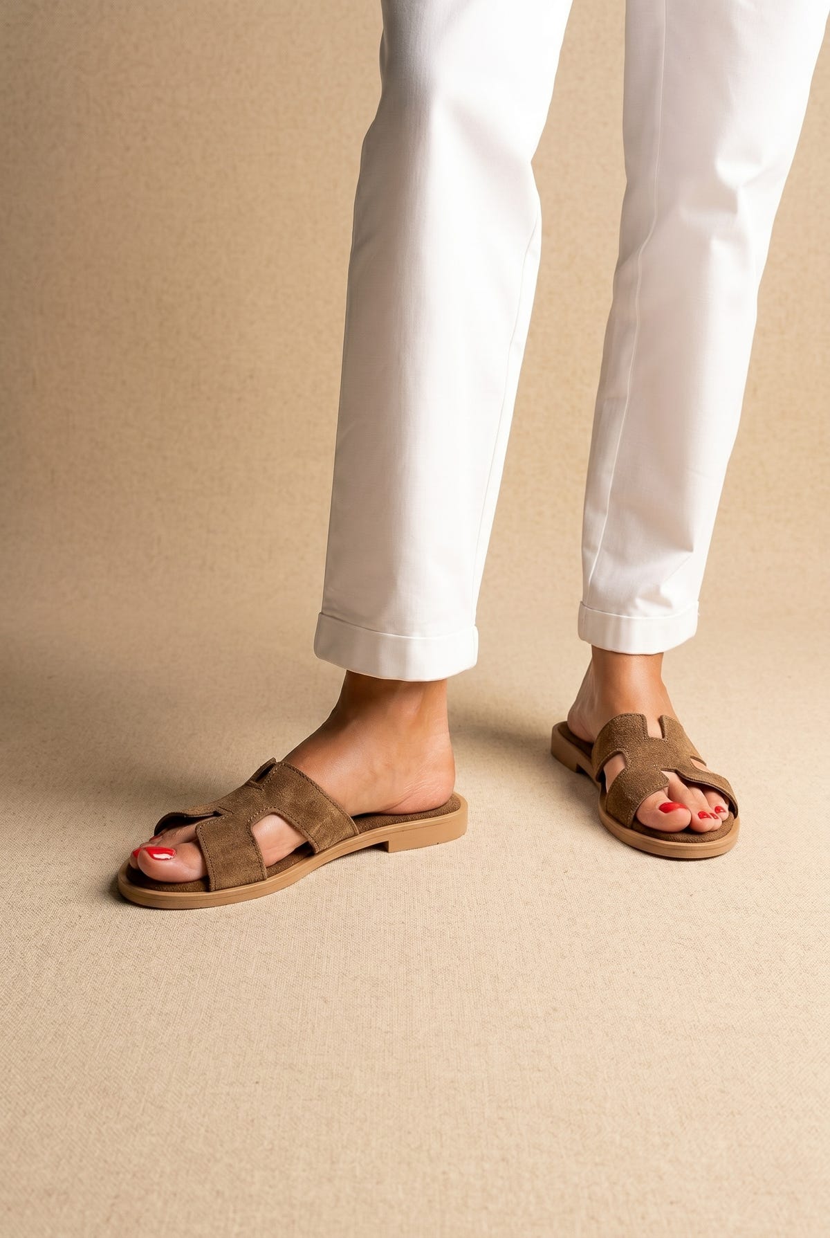 Sandals Cutout Strap Design - Khaki Green Suede