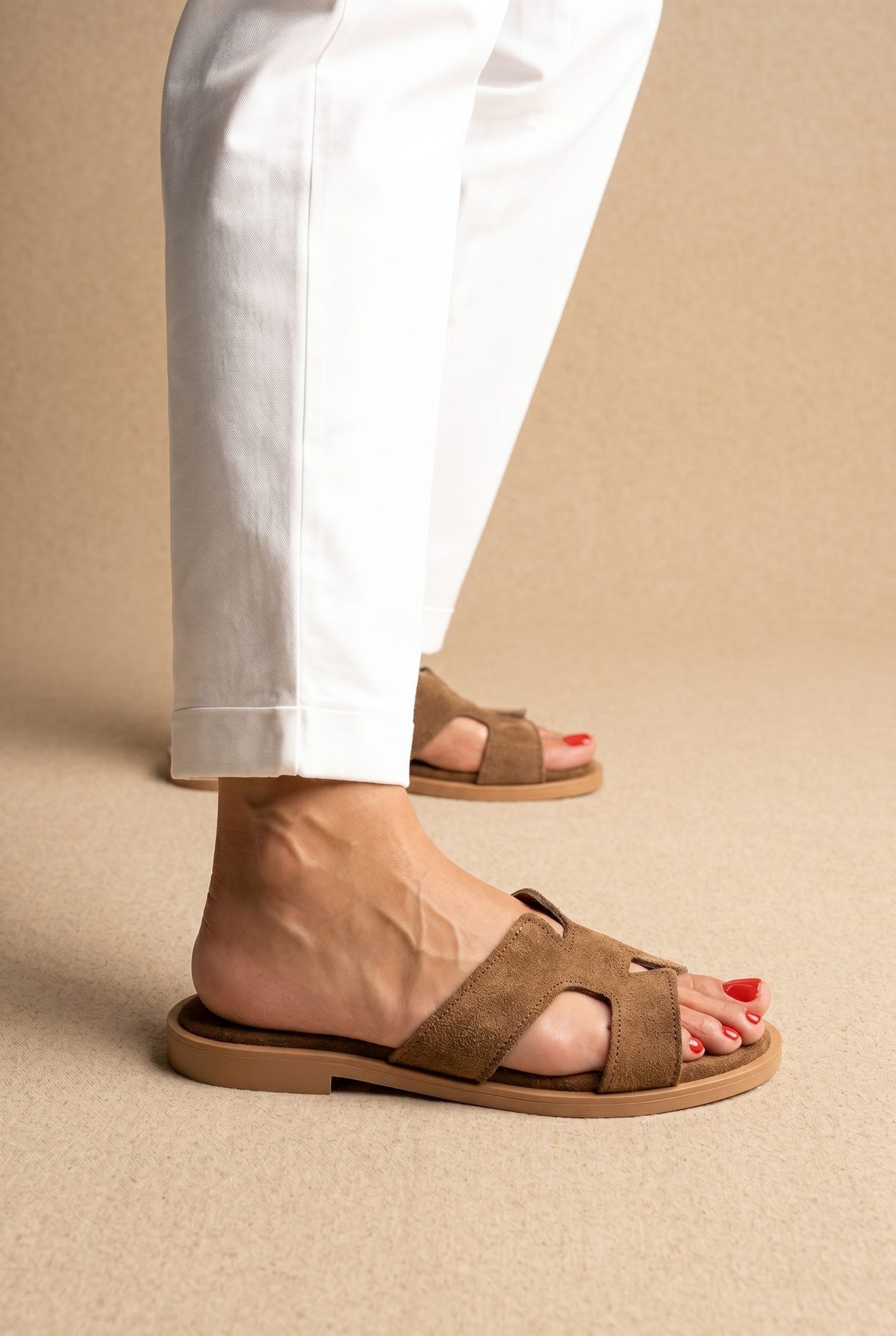 Sandals Cutout Strap Design - Khaki Green Suede