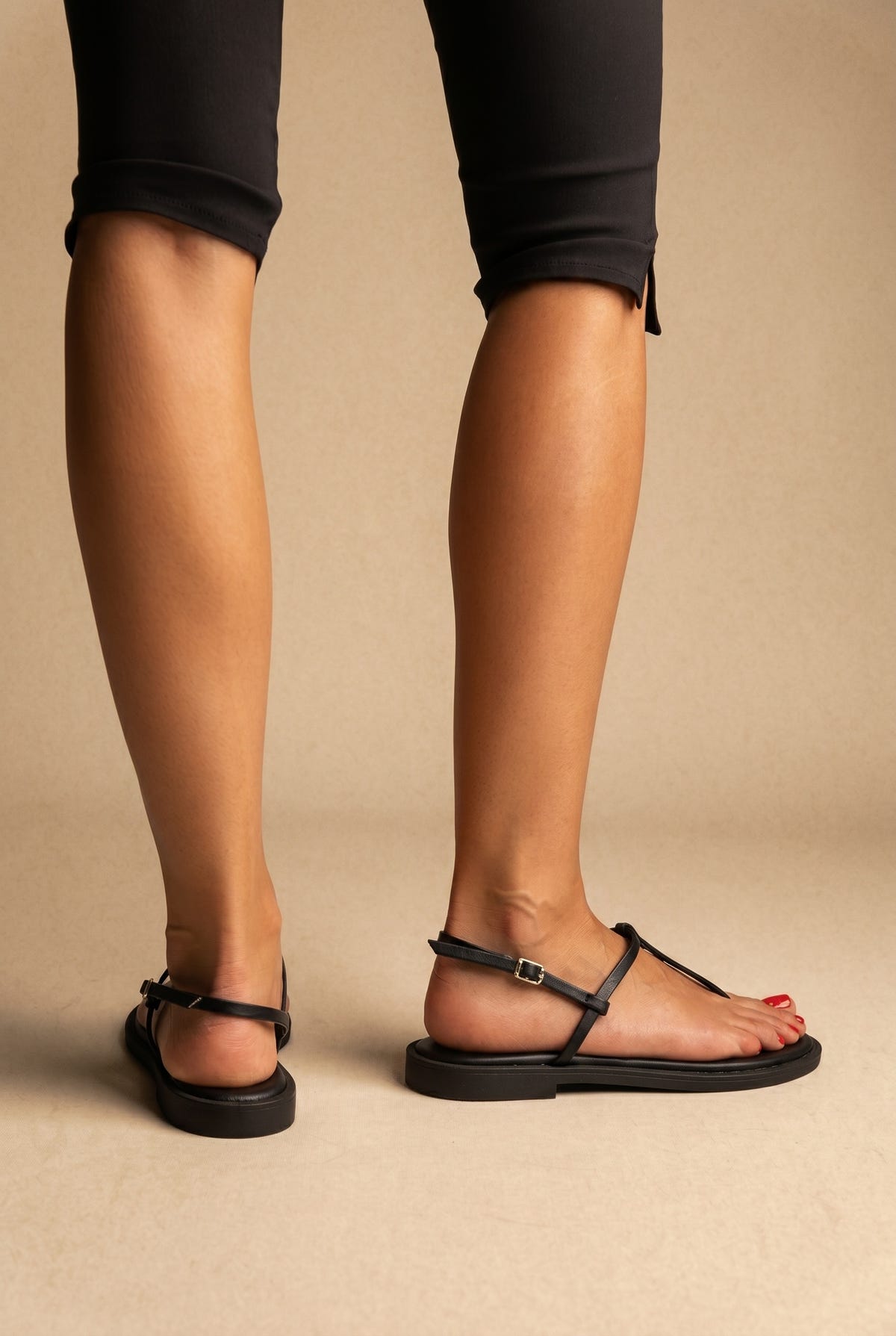 T Strap Sandals Buckle Closure - Black Matte
