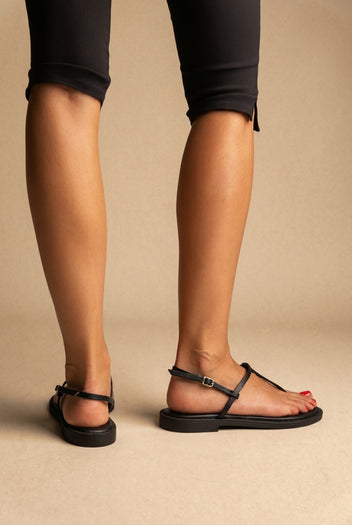 T Strap Sandals Buckle Closure - Black Matte