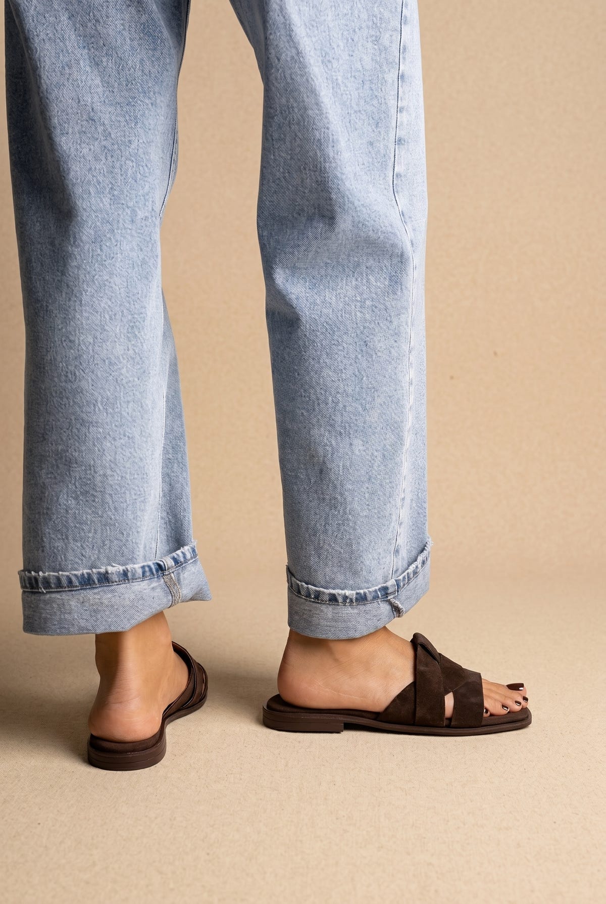 Suede Leather Sandals Slide Strap - Brown Suede