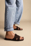 Suede Leather Sandals Slide Strap - Brown Suede-Suede Leather Sandals Slide Strap - Brown Suede